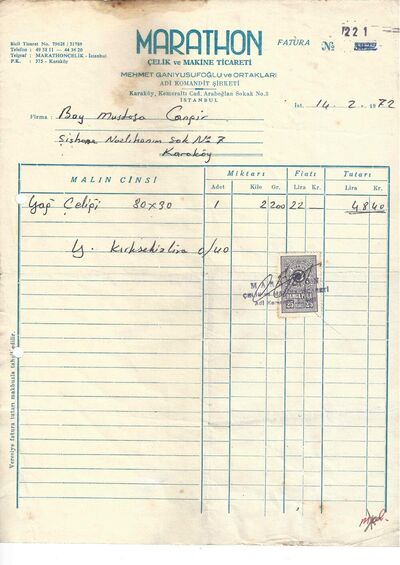 1972 Marathon faturası